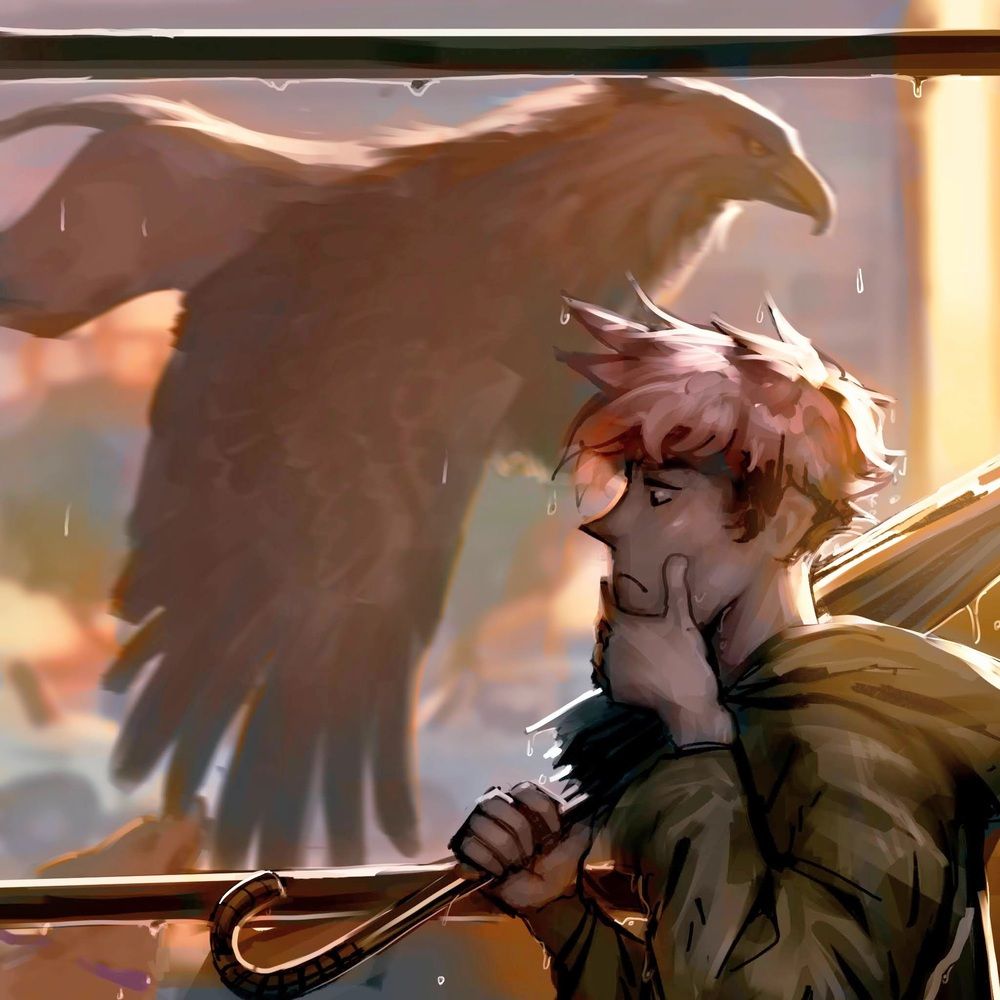 a pink haired dude walking through a city after the rain stopped, not noticing a griffin flying past