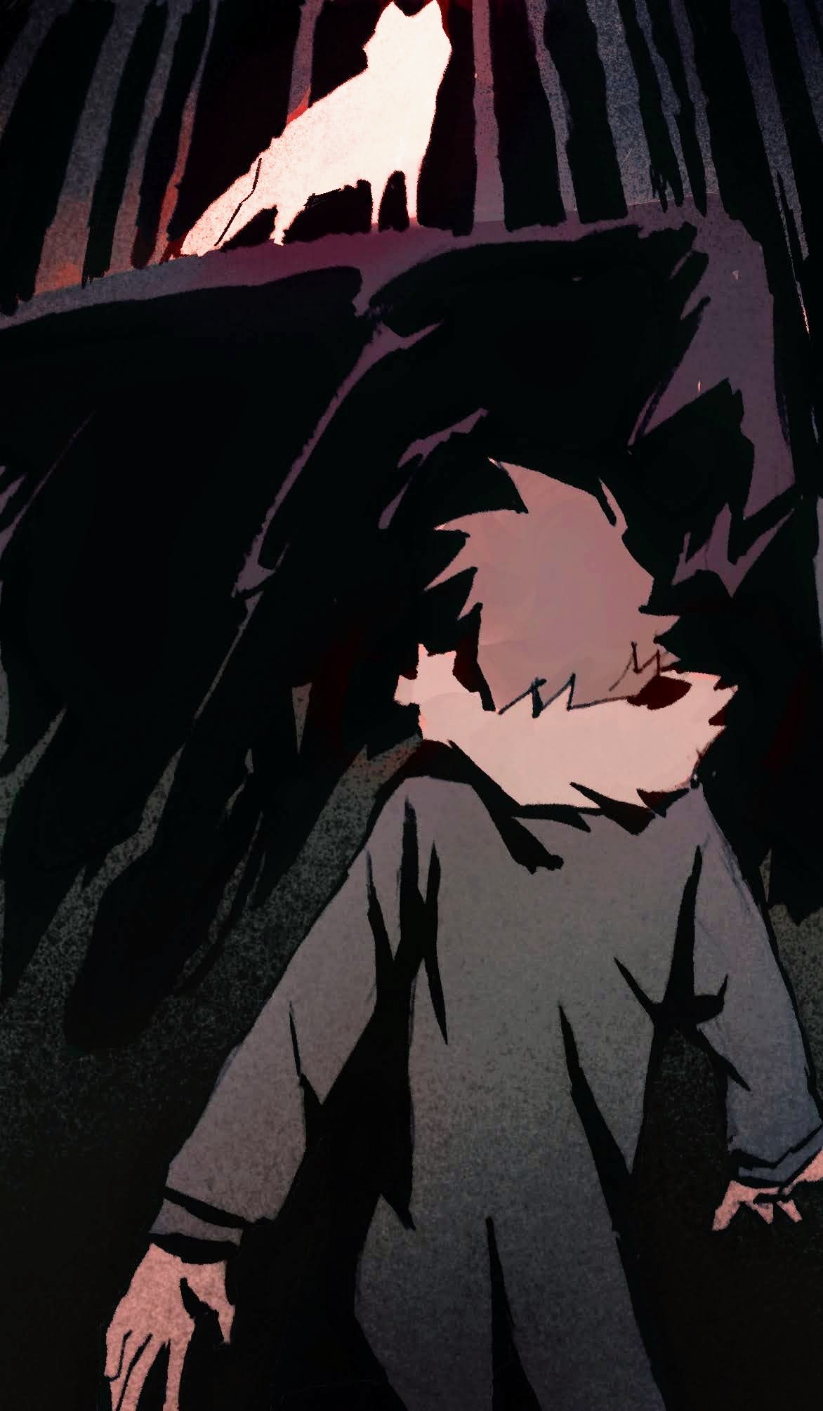 a boy looking at a strange glowing wolf in a dark forest